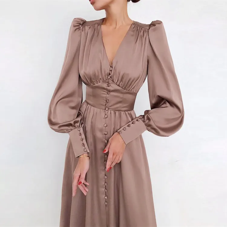 Spring Puff Sleeve Satin Ladies Ruched Women V-neck Party Dresses Pleated Elegant Bodycon Maxi Dress