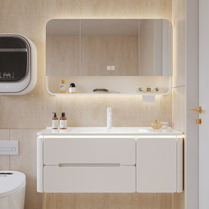 Modern Cream White Floating Bathroom <b>Vanity</b> Solid Wood Cabinet with Smart LED <b>Mirror</b> Integrated Sink - Product Image 1
