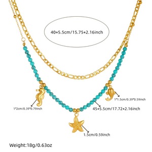 European American Retro Ocean Style Gold Plated Seahorse Starfish Stainless Steel Turquoise Beaded Chain Necklace Multi Layer - Product Image 3