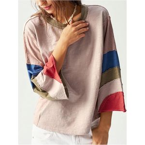 FOXA Women's <b>Patchwork</b> 3/4 Sleeve Oversized T-<b>Shirt</b> Crew Neck Color Block Baggy Top Regular Fit Woven Fabric - Product Image 2