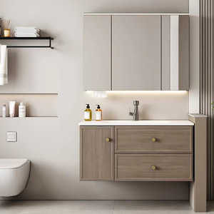 New Chinese style bathroom cabinet ceramic integrated basin walnut color smart mirror cabinet wash basin - Product Image 3