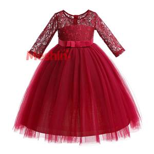 Vestido Largo Rojo de Manga Larga con Encaje y Malla para Niñas de 2 a 10 Años, Gran Venta - Product Image 1
