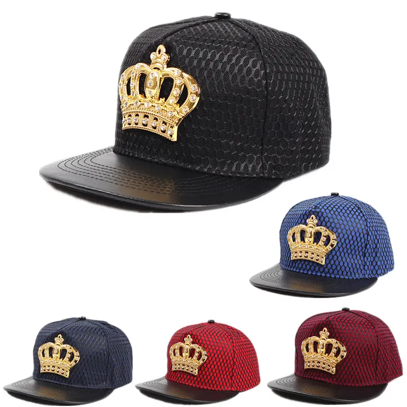 Hochwertige benutzer definierte Stickerei 5 Panel Leder Hip Hop Gorras Snapback mit Diamond Crown Alloy Dekorieren Großhandel