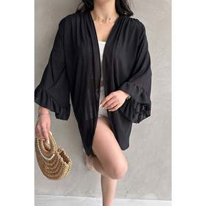 DEFILE Women's Elegant <b>White</b> Mesh <b>Cardigan</b> with Ruffled Sleeves, 100% Cotton Knitwear for Spring <b>Summer</b> Casual Wear - Product Image 3