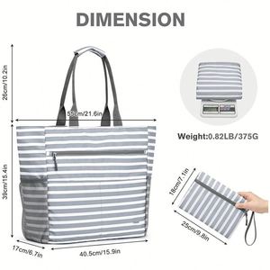 Bolso de Playa Extra Grande con Correa para la Muñeca, Impermeable, con Múltiples Bolsillos, a Rayas, para Mujer, con Cierre, a Prueba de Arena, Familiar - Product Image 5