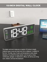 Horloge murale numérique électrique 16 pouces, grande horloge avec alarme, télécommande, température, double alarme, horloge LED lumineuse, design moderne