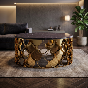 Table basse de luxe moderne convertible et extensible en acier inoxydable à motif écailles de poisson dorées et marbre pour la maison, le salon ou le café - Product Image 3