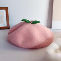 Béret en laine rose pour femmes, fait à la main, motifs fruits de pêche, feuilles vertes, feutre mignon, automne hiver,