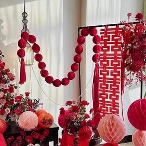 Guirnalda de Bolas de Navidad LANJO, Tradicional, Elegante, Vintage, Rojo Intenso, Decoración Colgante con Pompones y Cuentas para Fiestas Navideñas - Product Image 2