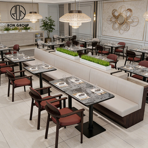 Asientos de Banco de Cuero PU Beige Personalizados y Contemporáneos para Restaurante, con Mesa de Piedra y Silla de Madera para Cafetería, Tienda de Café y Té - Product Image 1