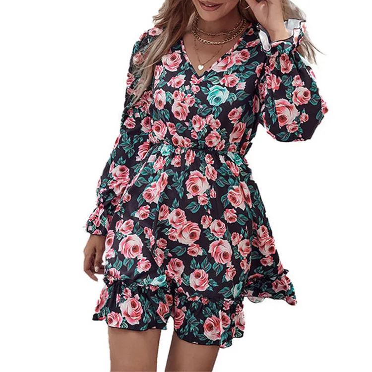 Kadınlar için toptan yaz elbisesi popüler özel rahat çiçek baskı uzun yaz elbisesi es