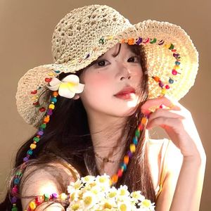 Rainbow Holiday Beaded <b>Straw</b> <b>Hat</b> Wide Brim Sun Protection Foldable Y2K Style For Women - Product Image 4