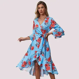 Sexy V-neck Five-quarter-sleeve Tie-up Print Dress Women's Clothing Celebrity Temperament Irregular Swing Skirt Summer Vintage