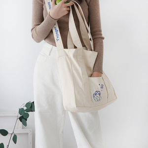 Sac fourre-tout en toile lourde en vente en gros, sac à bandoulière en toile vierge, sac en coton biologique noir recyclé avec design - Product Image 3