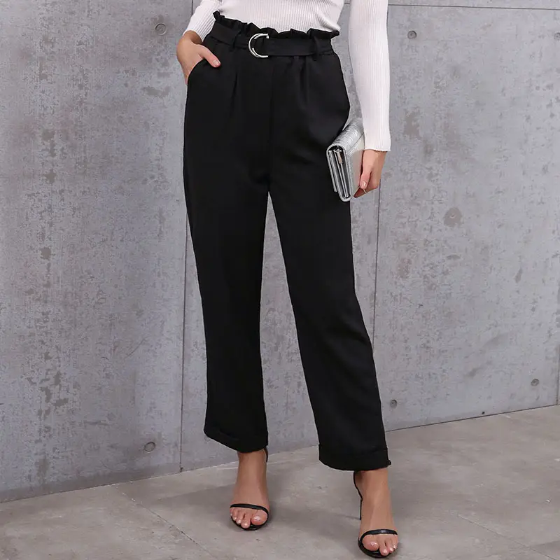2022 Women Pants Black Casual Wide-legged Pencil Elastic Waist Trousers
