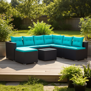 Ensemble de canapés de patio en polyrotin noir moderne avec coussins, mobilier d'extérieur pour 7 personnes, design contemporain - Product Image 2