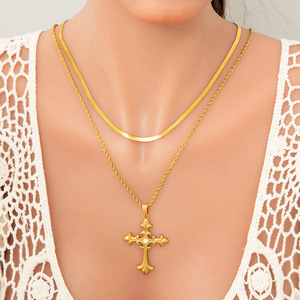 European American Style 18K Gold Plated <b>Cross</b> Pendant Double Layer Clavicle <b>Chain</b> Necklace With Diamond Inlay Gift Jewelry - Product Image 1