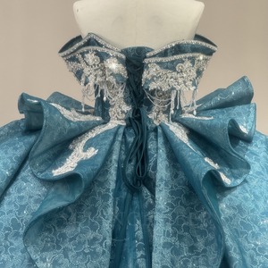 Robe de bal turquoise Wx451, épaules dénudées, décolleté cœur, ornée de perles, franges, broderies florales, en tulle pétales, Jancember - Product Image 3
