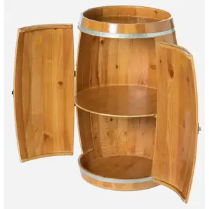 Home Decorative Customized Bar Lockable Solid Pine Brown Wine Barrel Shaped Wooden Wine Holder Storage Cabinet