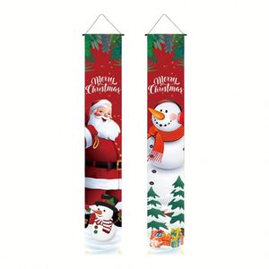Couplet de porte de Noël intérieur/extérieur avec Père Noël et bonhomme de neige de dessin animé, 30*180cm, avec tringle de suspension incluse, décorations de fêtes - Product Image 2
