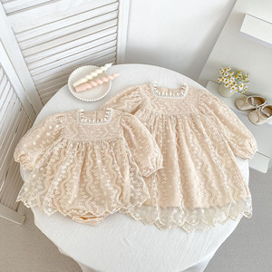 Vestido de Encaje de Malla Tejido a Crochet para Niña, Vestido de Escalada con Mangas Largas y Bordado de Princesa Coreana para <span class=keywords><strong>Hermanas</strong></span> - Product Image 4