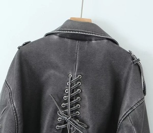 2025 femmes rétro à manches longues moto veste nouvelle mode en détresse <span class=keywords><strong>Imitation</strong></span> <span class=keywords><strong>cuir</strong></span> décontracté fermeture éclair courte longueur pour l'automne - Product Image 6