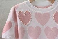 Ensemble de pulls pour femmes faits à la main, à la mode, avec motif de cœurs perlés, ensemble de 2 pièces avec haut en tricot à motif de doubles poches
