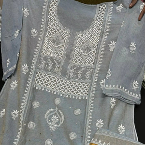 Meilleure collection Pure Soft Natural Tissue Silk Chikan Mukaish Chemise d'été droite semi-cousue brodée à la main Dupatta Formal - Product Image 1