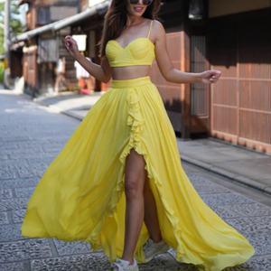 Nouvelle collection été : Ensemble femme style doux, crop top sexy à fines bretelles et jupe longue fendue élastique en popeline, ensemble deux pièces mignon pour femme - Product Image 1