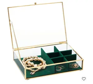 Kotak Penyimpanan Perhiasan Kaca Bening 7.1X5.5 Inci dengan Organizer Baki Beludru Hijau Etalase Tepi Emas