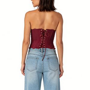 Top corsé transparente de encaje sin tirantes con volantes para mujer - Top bustier con varillas y efecto push-up a la moda - Product Image 2