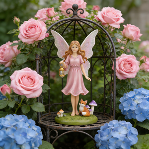 Statue de Fée de Jardin Élégante en Résine avec Lanterne |   Figurine de fée aux ailes d'ange roses peinte à la main avec renard et champignon - Product Image 4