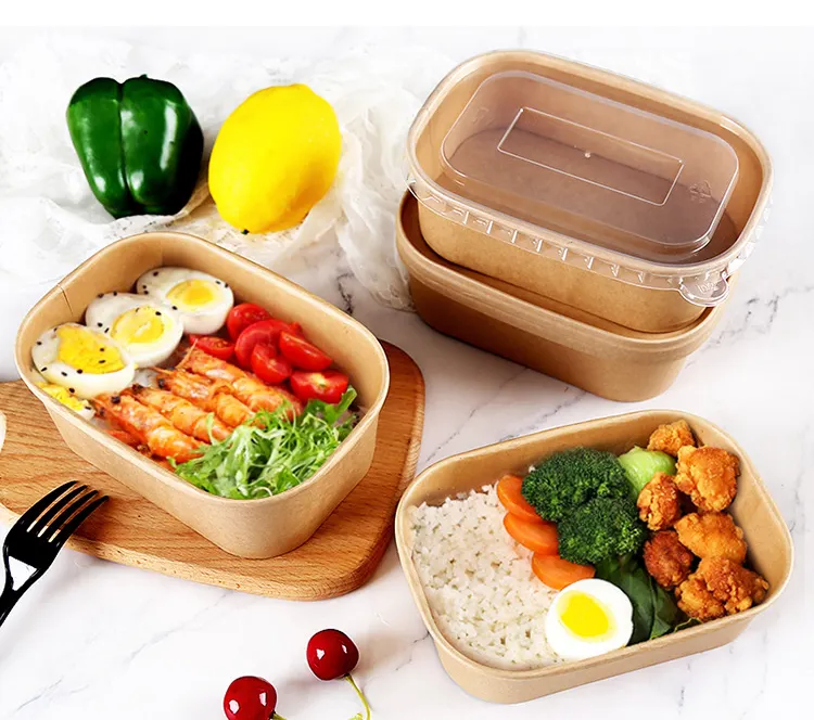 Fiambrera de papel desechable personalizada YBY OEM/ODM, almacenamiento de alimentos, embalaje para llevar, contenedor de alimentos de papel Kraft marrón y blanco
