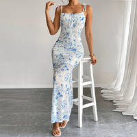 Robe à bretelles spaghetti personnalisée avec imprimé fleur DTG Robe longue évasée et coupe amincissante