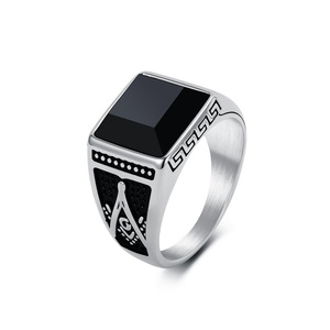 Freemason <b>Ring</b> Men's <b>Titanium</b> Steel Black Glass Gemstone Geometric Design Bezel Setting Gift Jewelry - Product Image 1