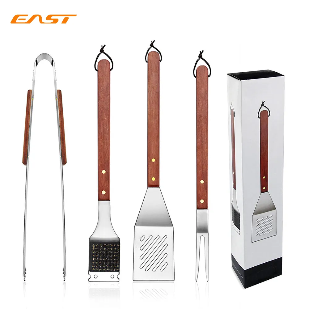 Heavy Duty BBQ Accessories Stainless Steel Tool Set with Wood Handle 4pc Grill Accessories with Fork Shovel Scraper & BBQ Tongs