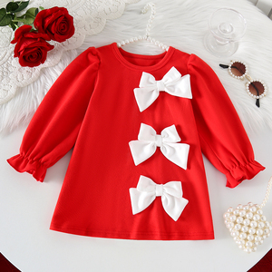 Красное платье принцессы для девочек с длинными рукавами и французским бантом, из мягкой, приятной для кожи и комфортной ткани, для маленьких девочек - Product Image 1