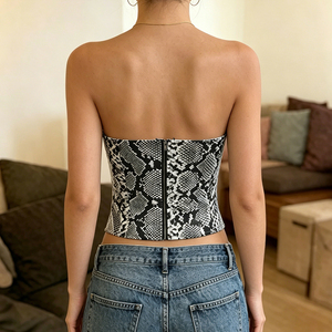Y2K <b>Strapless</b> Bralette Crop Top Eco-Friendly Animal Print Woven Fitted Back Zip PU Faux Leather Snakeskin Color Block - Product Image 6