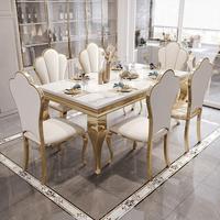Ensemble de table à manger carrée minimaliste en marbre avec chaises à structure en acier inoxydable doré pour villa et mobilier de maison
