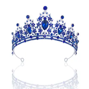 2022新款新娘头饰奢华闪闪发光的香槟和蓝色水钻皇家皇冠甜美公主婚礼头饰