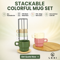 Ensemble de tasses en céramique empilables colorées, 6 pièces avec support en fil métallique, gain de place, logo personnalisé, vente en gros, cadeau pour la maison, la cuisine, le café