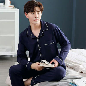 <span class=keywords><strong>Pigiama</strong></span> Autunnale da <span class=keywords><strong>Uomo</strong></span>, Set Due Pezzi con Maniche Lunghe e Pantaloni, Abbigliamento Casual e Comodo per il Sonno, Cardigan con Colletto, Indumenti da Notte per <span class=keywords><strong>Uomo</strong></span> - Product Image 1