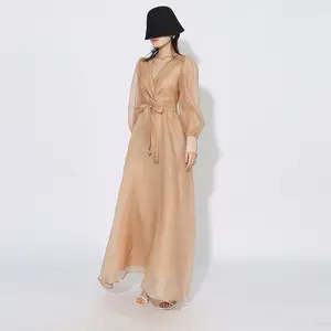 2024 vestido de novia de lujo elegante vestido de noche de manga larga sin pliegues en la espalda vestido de dama de honor con forro transparente brillante