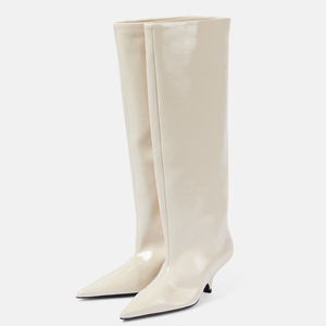 Wide Fit Women's Knee High Boots Ladies Big Size 46 Low Spike Heels Shoes Pointed Toe on Solid Long <b>Booties</b> - Product Image 3