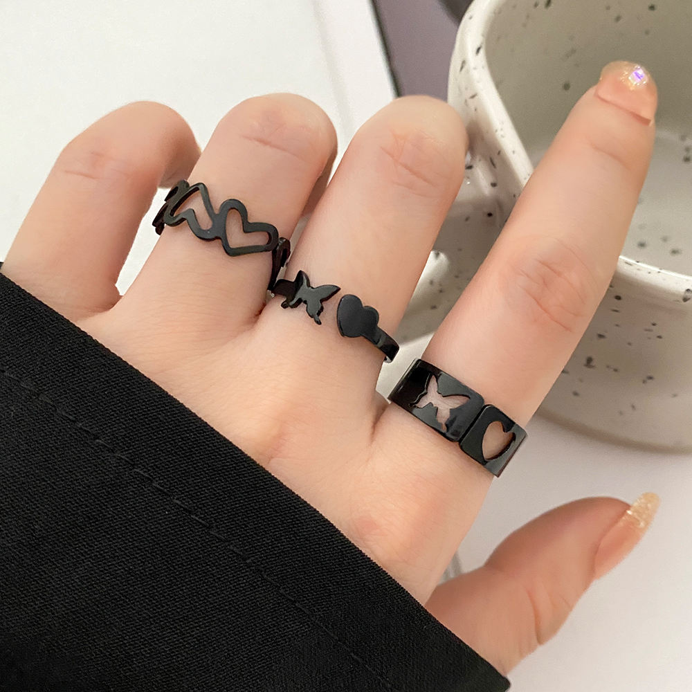 VKME Fashion Black Color Butterfly Heart Chain Rings Set for Women
