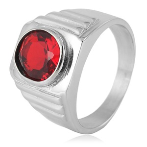 yunnique Men's <b>Titanium</b> Steel <b>Ring</b> Red Gemstone Bezel Setting Geometric Design Wedding Gift Jewelry - Product Image 1