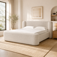 Lit plateforme cylindrique moderne de luxe en tissu bouclé crème avec tête de lit et pied de lit pour projets hôteliers et villas