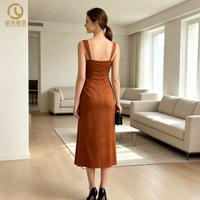 Robe midi en lin respirant, chic et élégante, pour femme, col carré, froncée, avec fente haute et latérale, sans manches, style portefeuille, idéale pour les soirées, personnalisable OEM