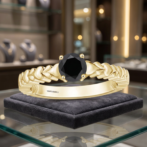 Bague de mariage solitaire en diamant noir naturel taille ronde, avec bande motif feuille de blé, en or 10K/14K/18K ou argent 925/935, plaqué rhodium de luxe - Product Image 1