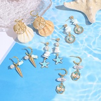 Boucles d'oreilles pendantes en forme de C pour l'été, plaquées or, avec coquillages, étoiles de mer, conques et perles, thème océan, bijoux de vacances en émail